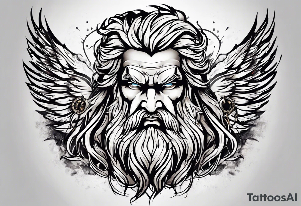 Zeus tattoo with lighting eyes, angry and holding lighting bolts tattoo idea