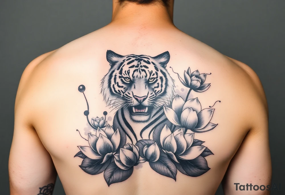 fierce tiger emerging through blooming lotus flowers in mist tattoo idea