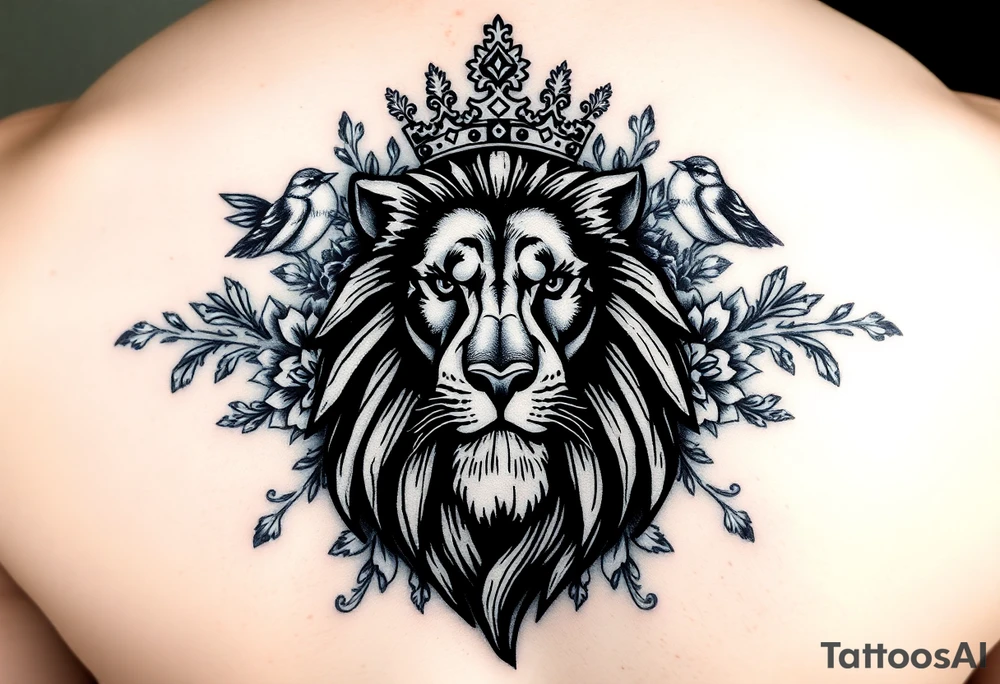 powerful majestic lion with a crown, surrounded by floral ornaments and birds tattoo idea