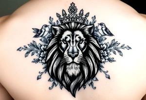 powerful majestic lion with a crown, surrounded by floral ornaments and birds tattoo idea