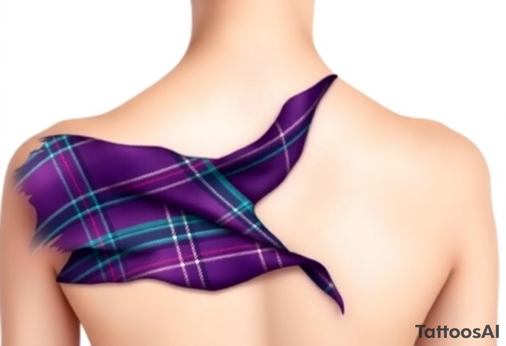 Chest 
Dark Purple with green pink blue and white highlights tartan fabric with skin around edges peeling and wrapping around side of shoulder tattoo idea