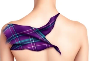 Chest 
Dark Purple with green pink blue and white highlights tartan fabric with skin around edges peeling and wrapping around side of shoulder tattoo idea