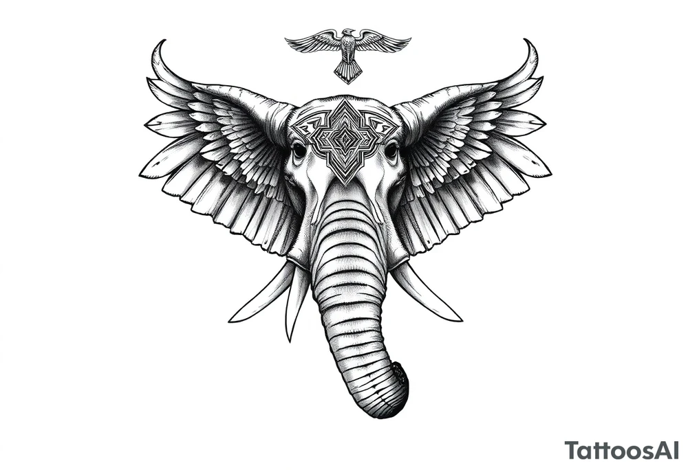 A horned African elephant with ears that resemble the wings of a falcon and covered in Egyptian symbolism tattoo idea
