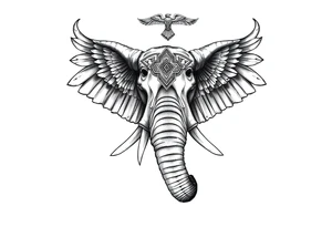 A horned African elephant with ears that resemble the wings of a falcon and covered in Egyptian symbolism tattoo idea