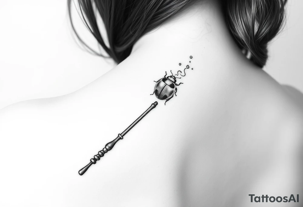 A ladybug getting out of hermione's magic wand like it was a spell. Magic dust all around the wand that looks almost smoky. I also want some small details around it that would make a piggyback on harry potter's movie like harry's glasses, a lightning, the golden snitch, etc... tattoo idea