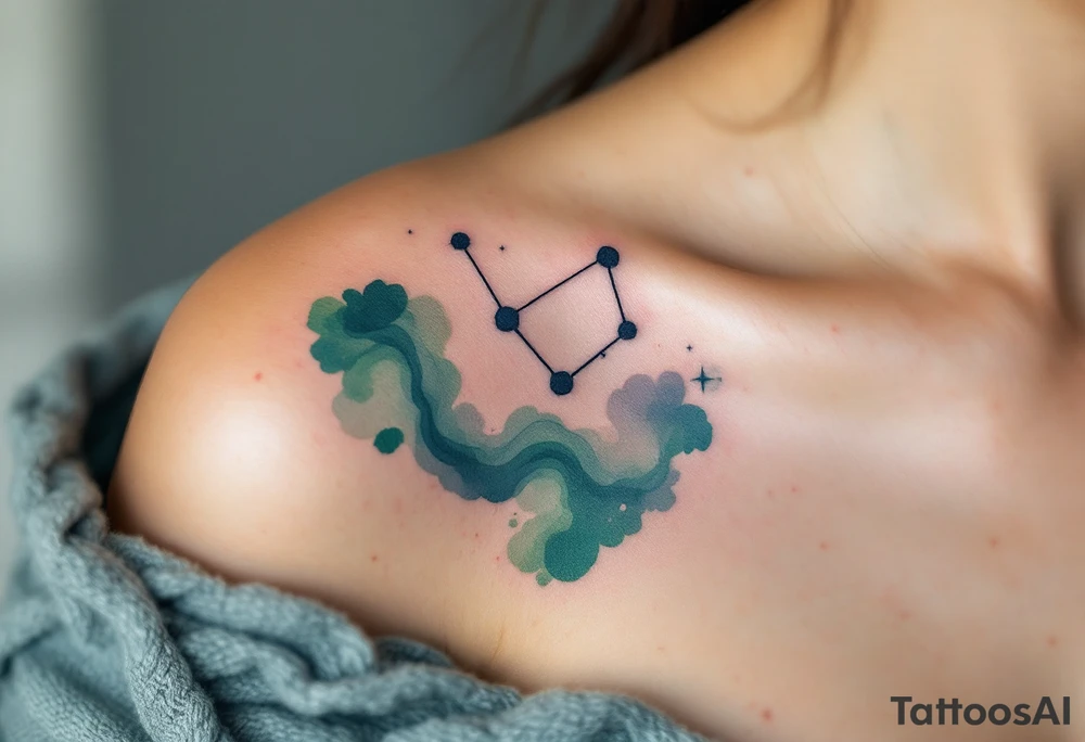 A dark blue Virgo constellation floats above the zodiac symbol carved in moss green near the collarbone. tattoo idea