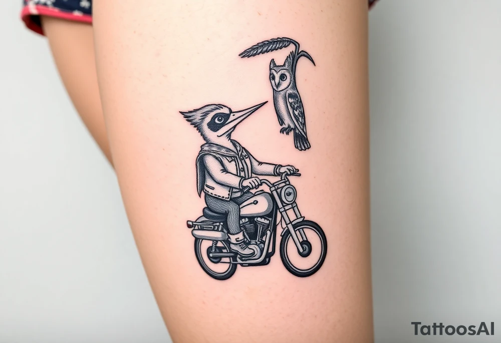 Woody the woodpecker wearing a leather vest that says peckerwoods, on a Harley Davidson under a palm tree, gazing in love at a barn owl tattoo idea