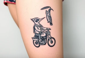 Woody the woodpecker wearing a leather vest that says peckerwoods, on a Harley Davidson under a palm tree, gazing in love at a barn owl tattoo idea