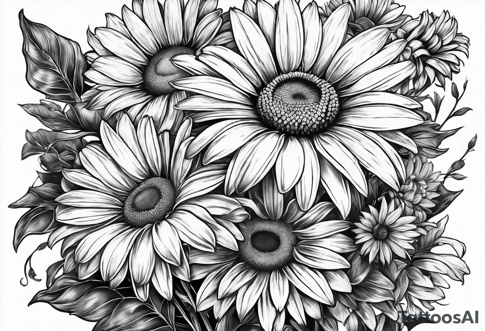 Daisy bouquet with stems and with a sunflower tattoo idea Daisy bouquet with stems and with a sunflower tattoo idea
