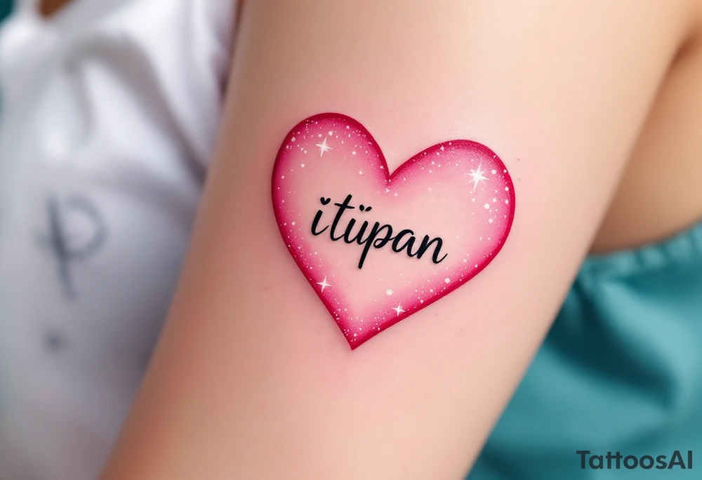 A candy pink heart with sparkles and the name Štěpán inside in rounded print. tattoo idea
