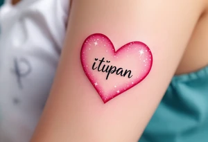 A candy pink heart with sparkles and the name Štěpán inside in rounded print. tattoo idea