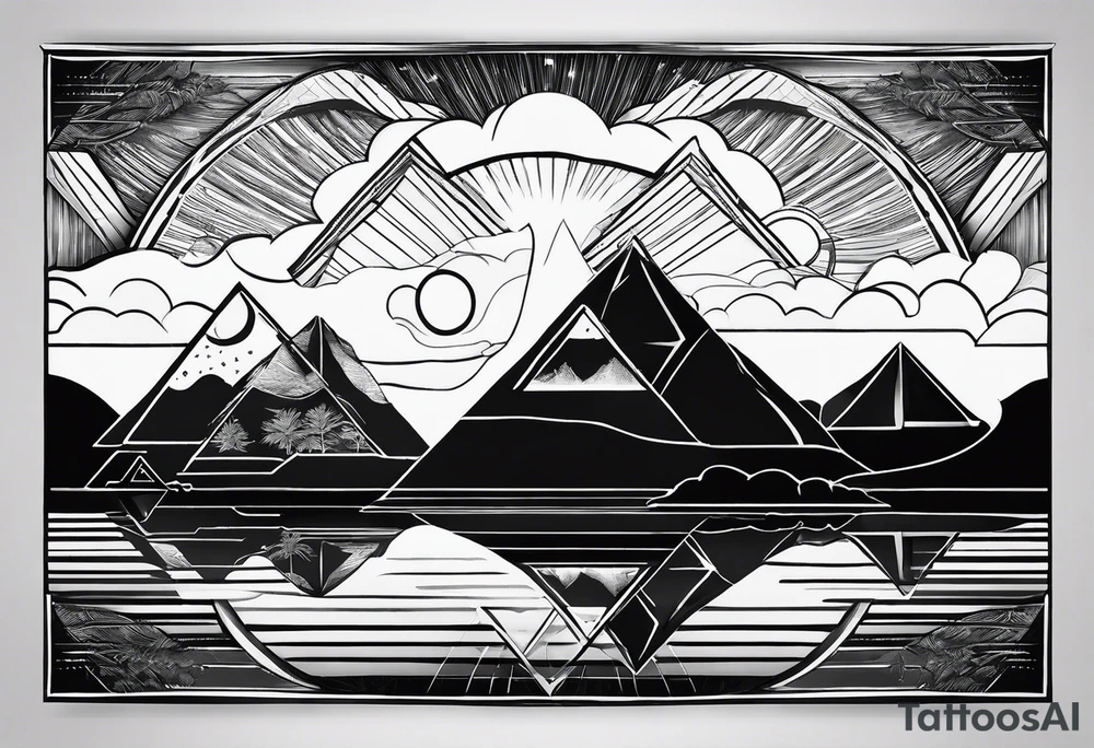 Two triangles, one triangle has the a mountain landscape during the night and the other one has beach sunset landscape. tattoo idea