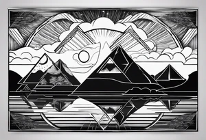 Two triangles, one triangle has the a mountain landscape during the night and the other one has beach sunset landscape. tattoo idea