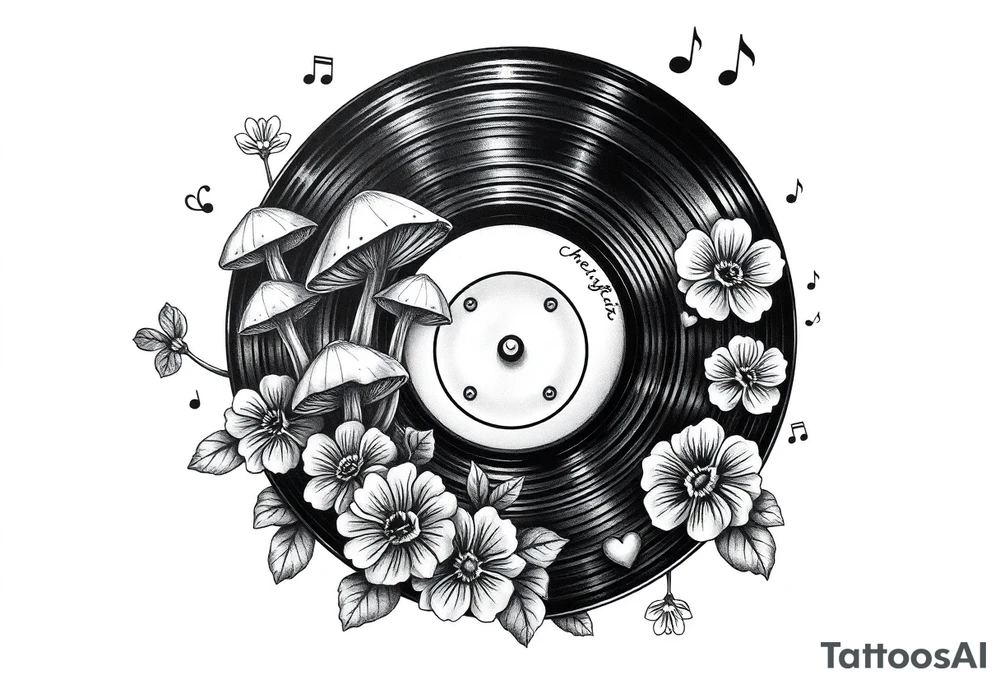 vinyl record with mushrooms, flowers, hearts, and music notes tattoo idea