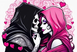 new school tattoo of a male grim reaper with black cloak kissing a female grim reaper in a bright pink cloak with small hearts in pink and red surrounding them tattoo idea