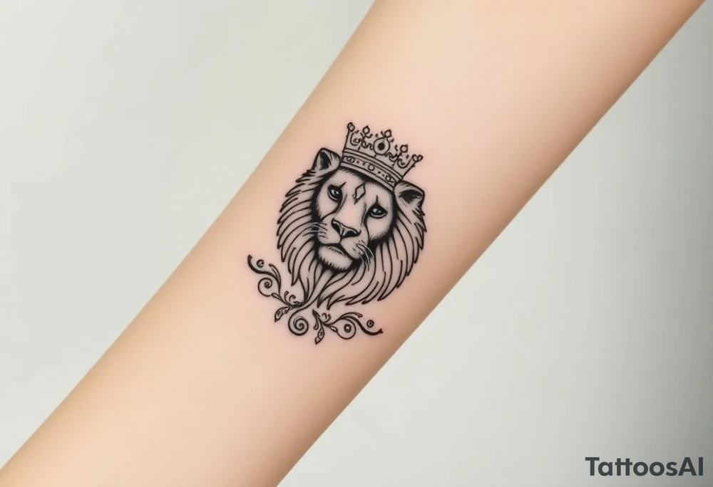 majestic lion wearing ornate crown, surrounded by baroque flourishes tattoo idea