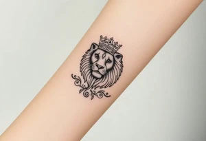 majestic lion wearing ornate crown, surrounded by baroque flourishes tattoo idea