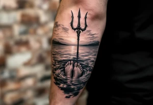 trident with bare feet half way under calm water at sunset tattoo idea