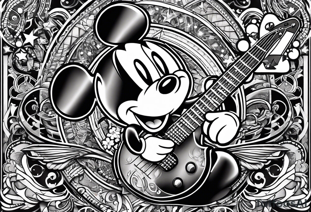 Tattoo full left arm with a collage of a bass guitar, mickey mouse symbol, a medicine caduceus, two stars tattoo idea