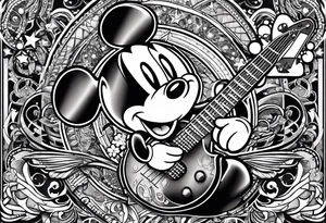 Tattoo full left arm with a collage of a bass guitar, mickey mouse symbol, a medicine caduceus, two stars tattoo idea