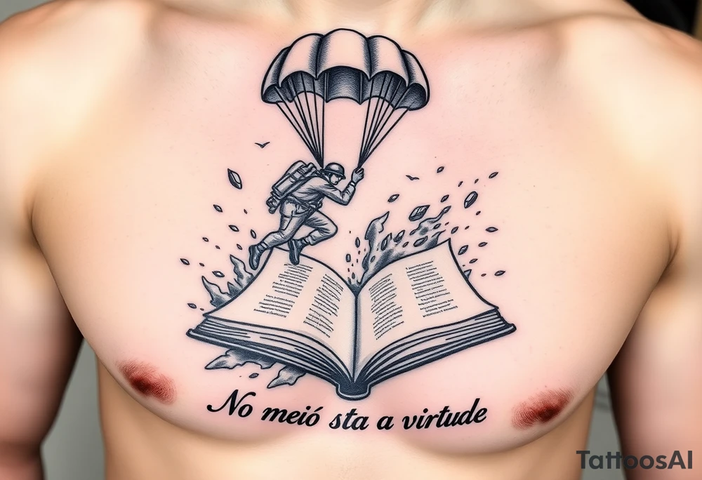 A parachuting soldier landing into an open book. Chaos surrounding, but the book is protecting the soldier from it. On the chest. Make it smaller. Make it thought provoking. "No meio esta a virtude" underneath the book tattoo idea