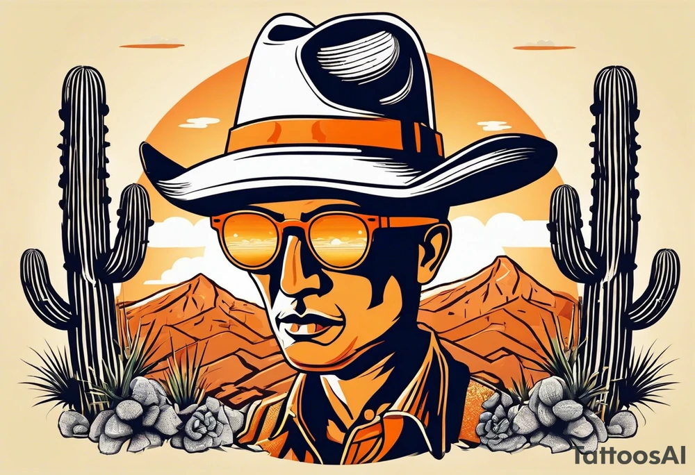 Saguaro cactus with two arms and a clever face, wearing an orange cowboy hat, wearing sunglasses, and a cigarette dangling from his mouth tattoo idea