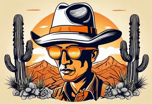 Saguaro cactus with two arms and a clever face, wearing an orange cowboy hat, wearing sunglasses, and a cigarette dangling from his mouth tattoo idea