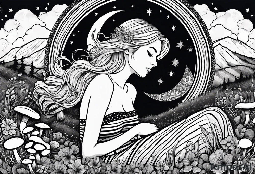 Straight blonde hair girl in black and white striped dress sleeping in a field of mushrooms with mountains s
and crescent moon mandala background tattoo idea