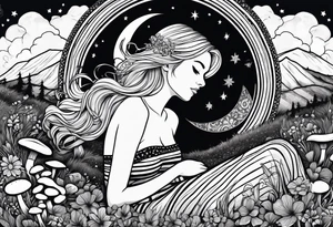 Straight blonde hair girl in black and white striped dress sleeping in a field of mushrooms with mountains s
and crescent moon mandala background tattoo idea