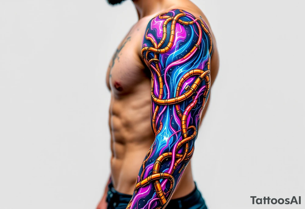 A  vivid design featuring copper tubes and violet plasma lines integrated into the skin’s anatomy. tattoo idea