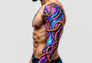 A  vivid design featuring copper tubes and violet plasma lines integrated into the skin’s anatomy. tattoo idea
