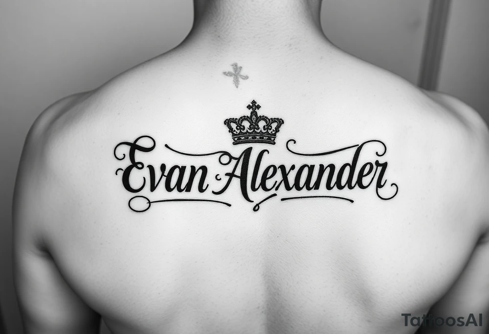 Name tattoo that says Evan Alexander with a crown on forearm tattoo idea