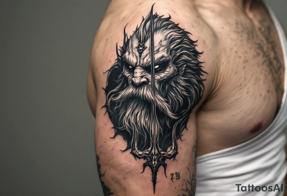 close-up realistic poseidon behind a trident tattoo idea