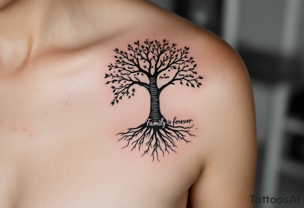 Tree shaped like a human silhouette, trunk forming the body, branches as arms. Names spiraling up the limbs, roots forming “Family is forever” in script. Black and gray realism with subtle red accents. tattoo idea