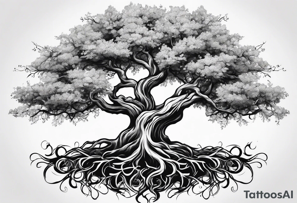 Tree roots and blossoming tree tattoo idea