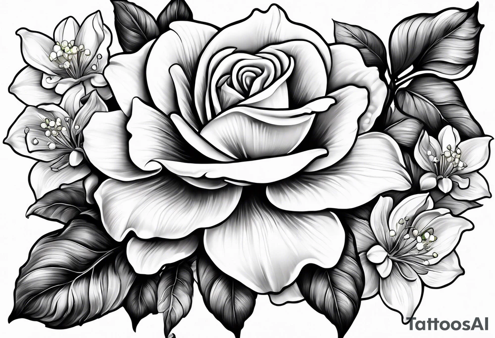 Rose, orchid, lily of the valley, dog wood flowers tattoo idea