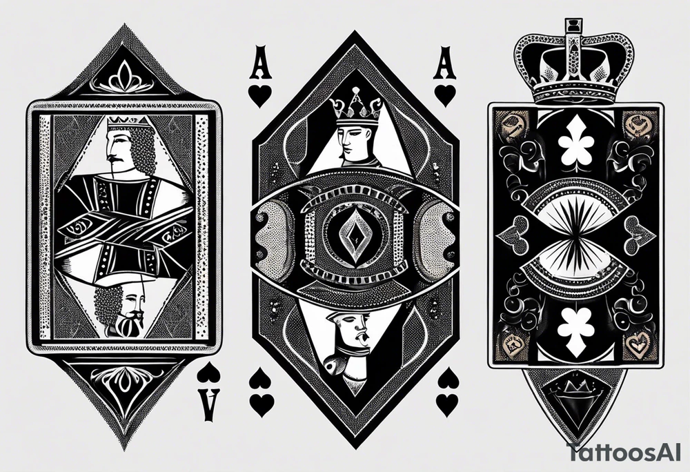 one combined tatto in minimalistic style with icon style three king of spades and icon style one queen of hearts. extreme minimalstic and few lines. much more minimalistic and fewer lines tattoo idea