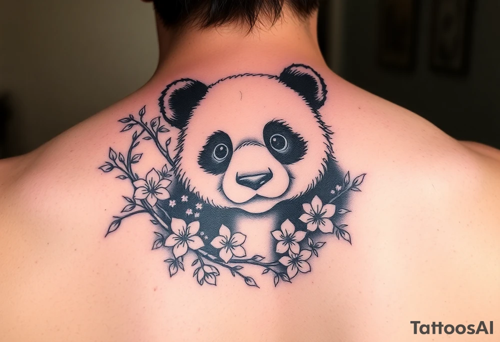 realistic panda with japanese cherry blossoms and bamboo tattoo idea