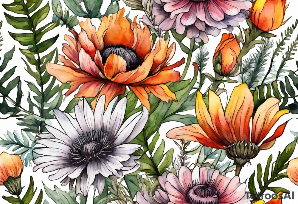wildflowers with thistles, ferns, burnt orange flower, white flowers, pink flowers, red flowers and yellow flowers all in watercolor tattoo idea