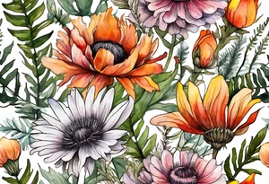 wildflowers with thistles, ferns, burnt orange flower, white flowers, pink flowers, red flowers and yellow flowers all in watercolor tattoo idea