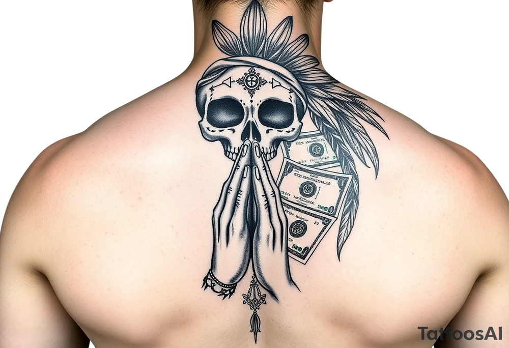 Feamle praying hands half sugar skull half indian woman with praying hands 100dollar bills and realistic tattoo idea