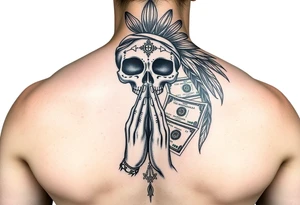 Feamle praying hands half sugar skull half indian woman with praying hands 100dollar bills and realistic tattoo idea