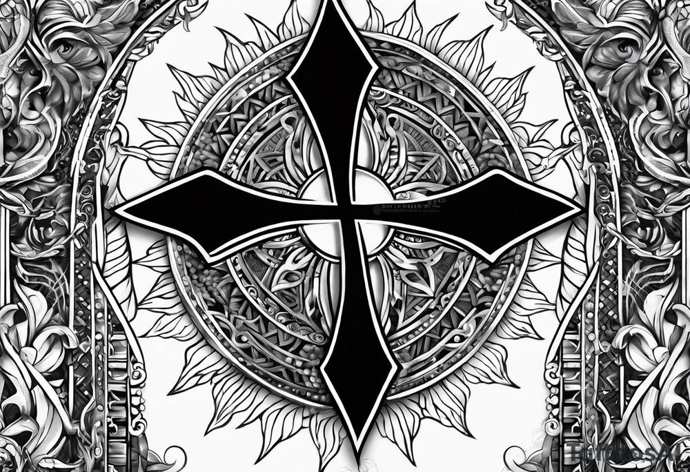 body armor piece with a cross in the center and a sun on the side tattoo idea