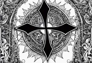 body armor piece with a cross in the center and a sun on the side tattoo idea