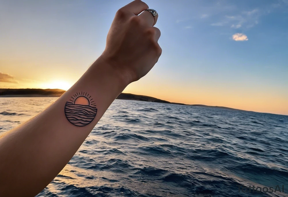 This is an extremely simple and minimalistic tattoo on male forearm. The tattoo covers the forearm lengthwise and is not tall or round. From the perspective of being on the ocean, Water is calm, with no waves in sight, the sun is setting behind the ocean, reflecting light onto the ocean. tattoo idea
