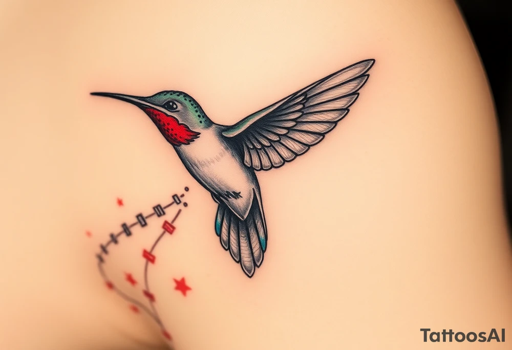 A hummingbird leaving a trail of glowing hieroglyphs as it flies(only red , blue and black are possible colors) tattoo idea