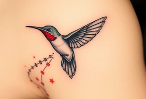 A hummingbird leaving a trail of glowing hieroglyphs as it flies(only red , blue and black are possible colors) tattoo idea