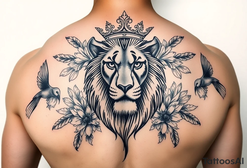powerful majestic lion with a crown, surrounded by floral ornaments and birds tattoo idea
