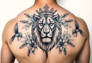 powerful majestic lion with a crown, surrounded by floral ornaments and birds tattoo idea