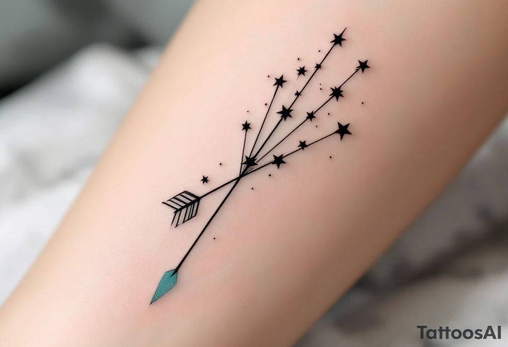 A simple Sagittarius design with black stars connected by fine white lines, hovering above a faded turquoise arrow. tattoo idea